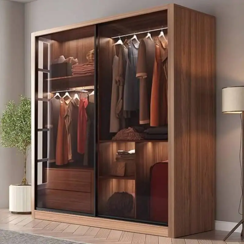 Brown Vintage Luxury Wardrobe Sliding Doors Big Wooden Storage Bedroom Wardrobe Drawer Modern Guarda Roupa De Casal Furniture