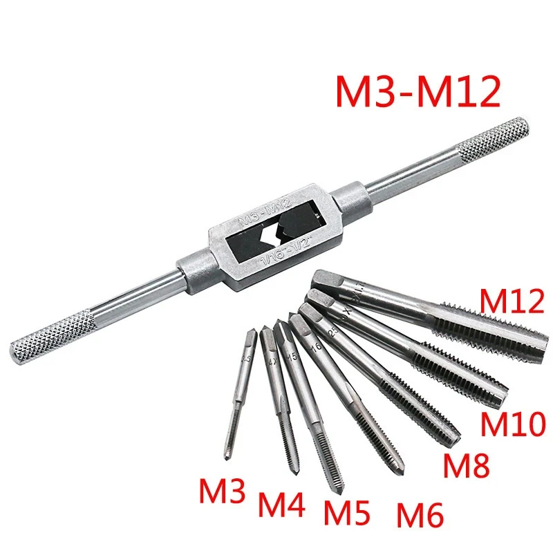 8Pcs Hss Hand Screw Tap Die Wrench,Met Verstelbare Tap Wrench 1/16-1/2,Schroefdraad Metric Plug Tap M3 M4 M5 M6 M8 M8 M12