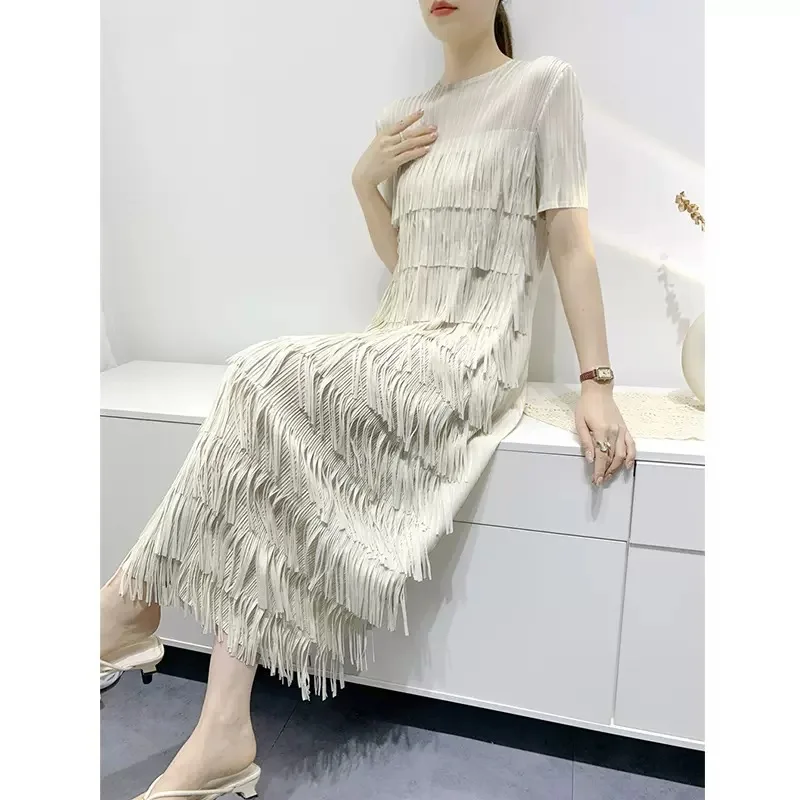 Miyake Style Pleated Dress Women 2023 Summer New High-End Solid Color Fashion Tassels Slim-Fit Figure Flattering Tiered Dress