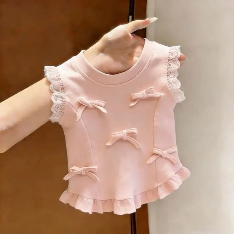 Girls Summer Tank Top New Fashion Toddler 3D Bow Ruffled Collar Sleeveless Vest Stylish Kids Clothing