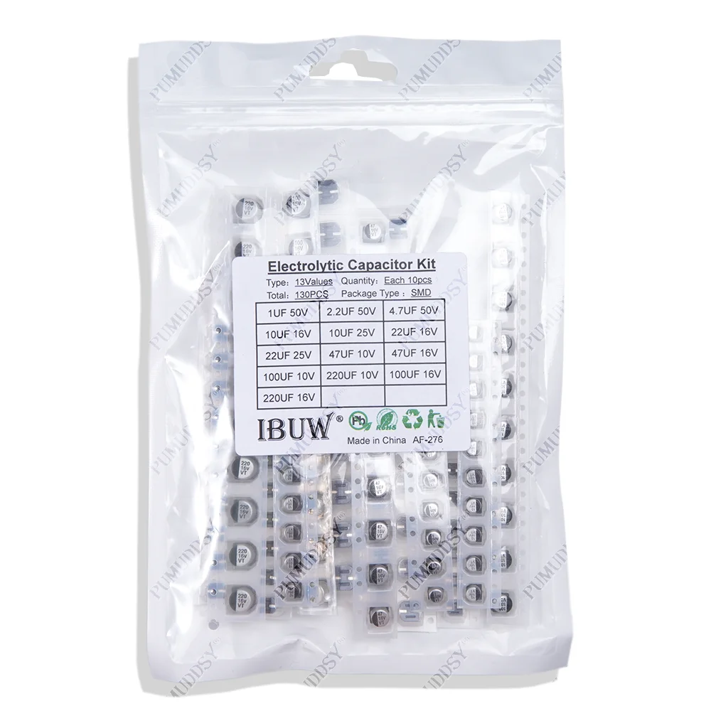 130PCS/LOT 1uF-220uF SMD Aluminum Electrolytic Capacitor Assorted Kit Set, PUMUDDSY 13Values*10PCS=130PCS Samples Kit