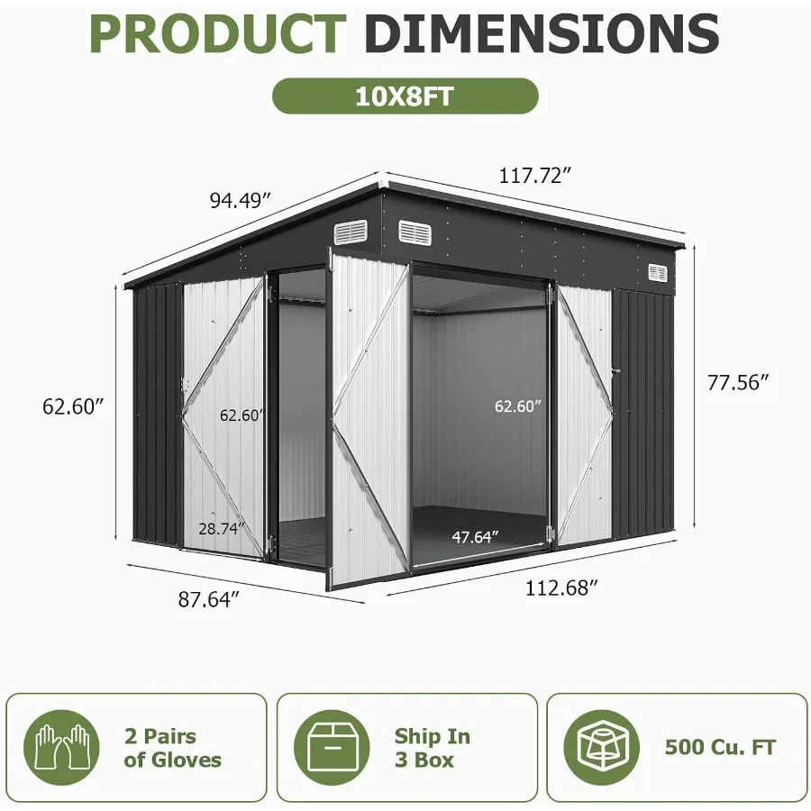 Outdoor storage shed for backyard use, made of galvanized steel, gray color, features 3 lockable doors and durable 14mm PP floo