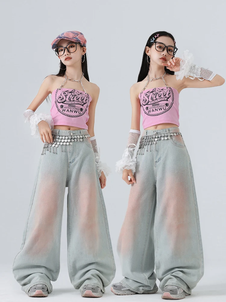 Ropa de baile de Jazz a la moda para niñas, Tops rosas, pantalones vaqueros con lentejuelas, traje de actuación Kpop, disfraz de Concierto de pasarela, ropa de escenario BL16784