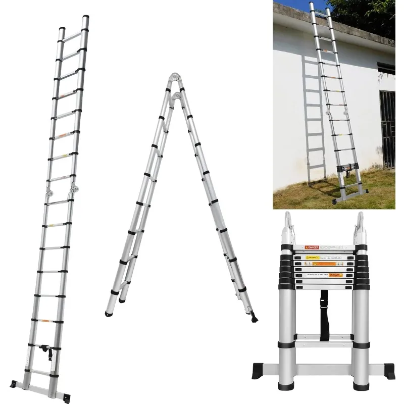 Telescopische Ladder 16.5ft, A-Frame Aluminium Verlengladders Met Stabilisatorstang, Draagbare Multifunctionele Inklapbare Ladder