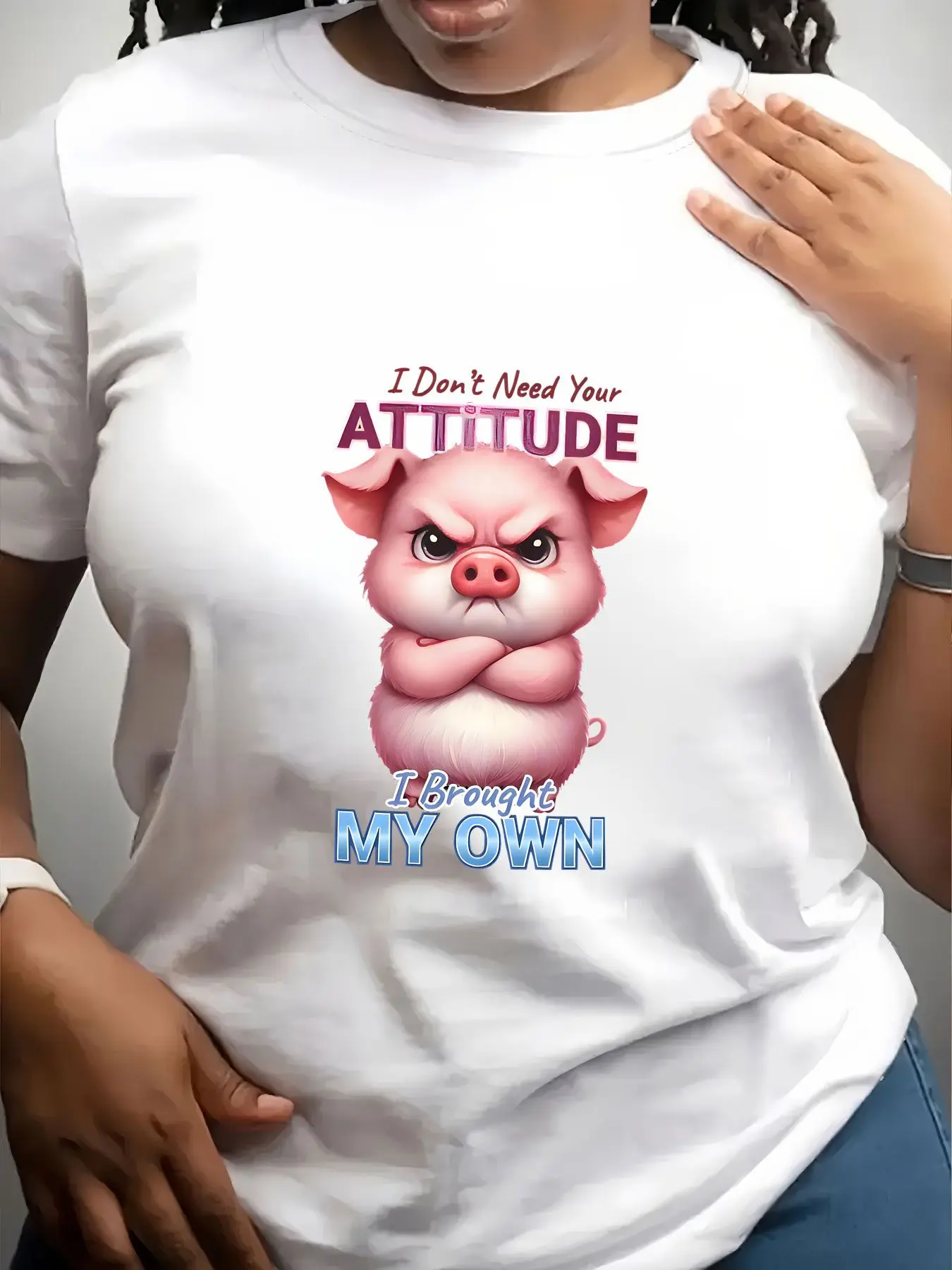 Women's Trendy Crew Neck T-Shirt Angry Pig Attitude Quote Design Suitable for Casual Sportswear