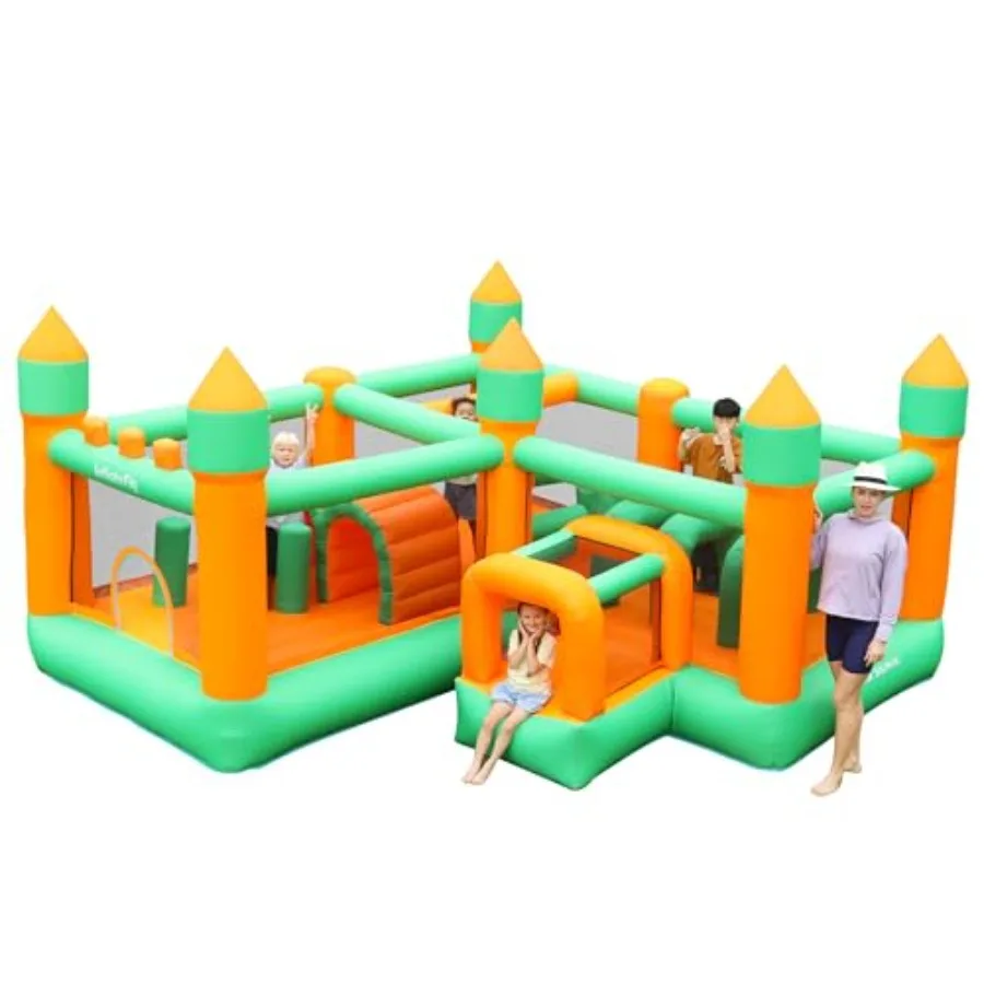 

Outdoor backyard birthday party inflatable bounce house with multi-zone obstacle course, crawl tunnel and play zones; durable P