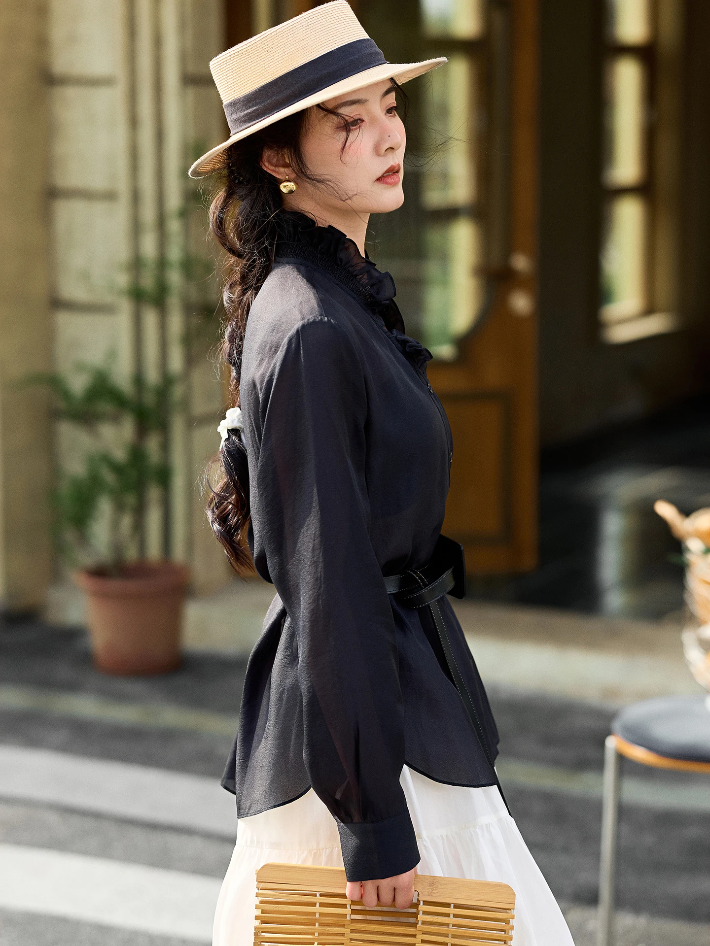 

Ретро-рубашка с кружевной отделкой и воротником-стойкой, прозрачная, весна-лето, новинка, женская элегантная блузка прямого кроя с длинным рукавом на пуговицах