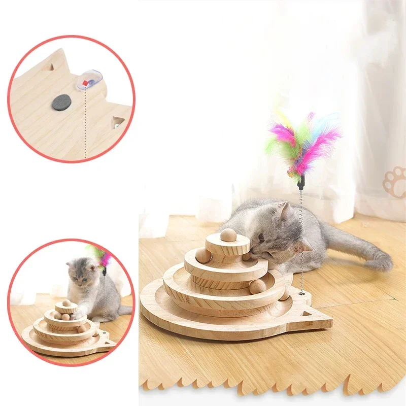 Pet cat Toy Tracks Turntable Cat Intelligence Amusement Triple Play Disc Cat toys Wooden 2/3 Levels Tower ball Training Toys Set