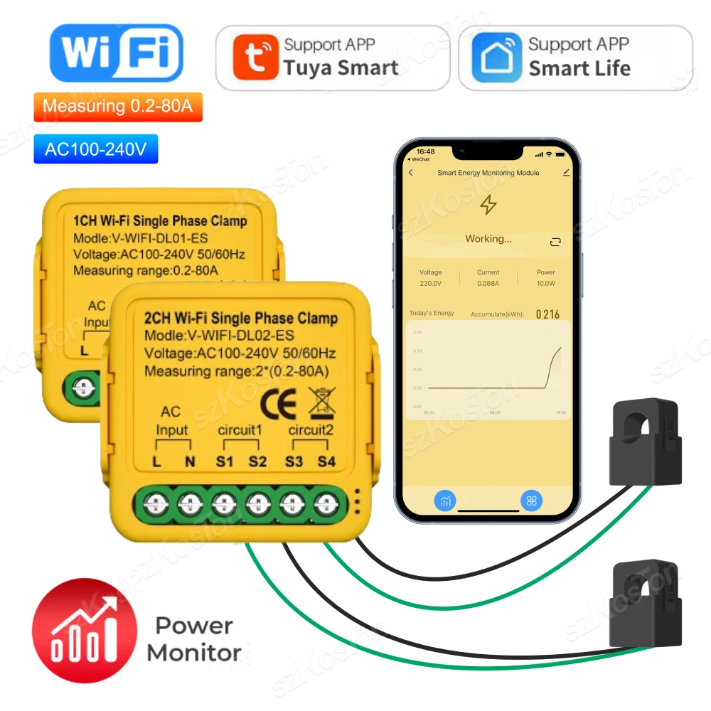 Tuya Wifi Smart Power Meter Transformador de Corrente Braçadeira do Sensor Medidor de Energia 80a para Iluminação Elétrica Monitor Solar Kwh