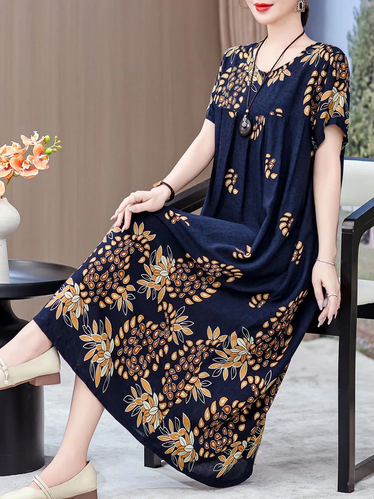 

Elegant Mid-Length Cotton Silk Dress for Women over 50 Summer Fashion High Waist A-Line Skirt Elegant Women's Clothing