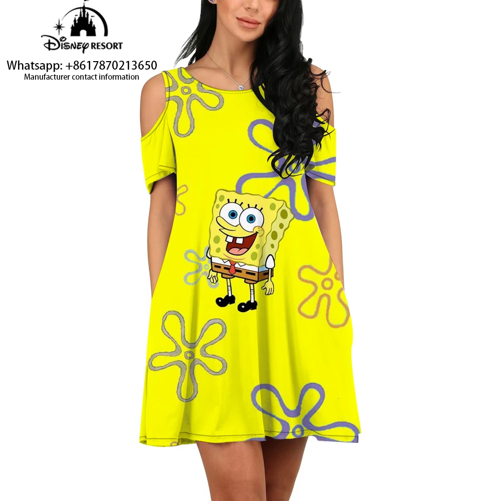 Desenhos animados de Bob Esponja feminino estampado vestido sem o ombro, solto, casual, confortável, elegante, novo, 2024