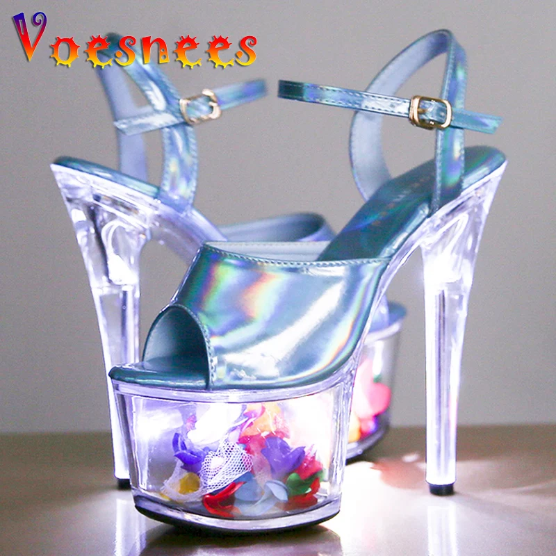 Women's Sandals 2022 New Transparent luminous Crystal Women's Shoes Platform High Heels Stage Show 17cm Open Toe Stripper Heels