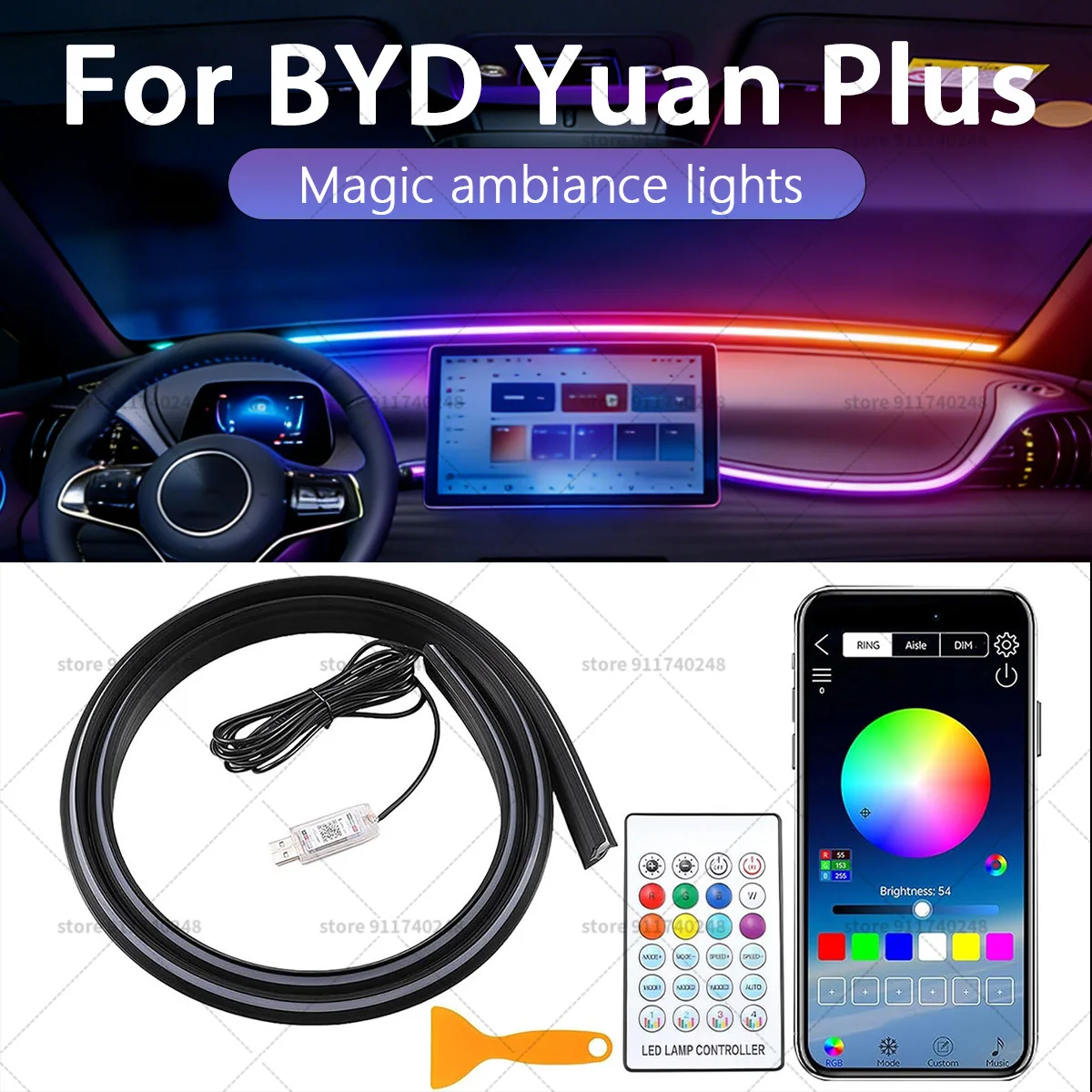 

Для BYD Yuan Plus автомобильная декоративная световая полоса, красочная акриловая звукоизоляционная полоса на переднее лобовое стекло, свет окружающей среды