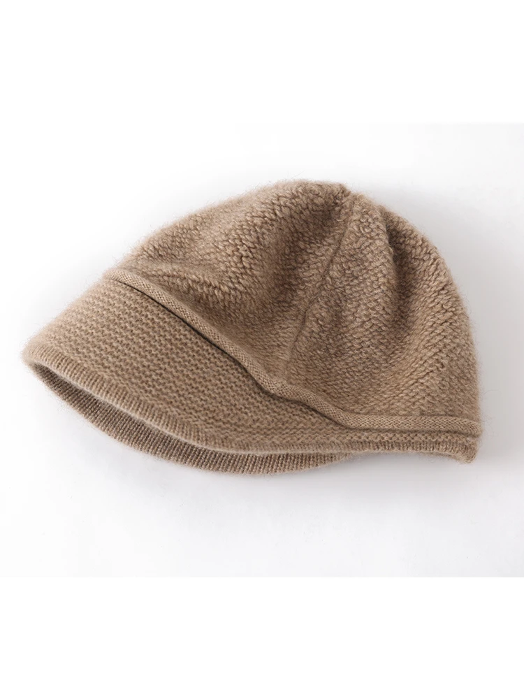100% Pure Cashmere Visor Beanie Women Soft Brim Newsboy Cap Bouclé Terry Knit Winter Warm Peak Hat Cashmere Duckbill Cap Winter