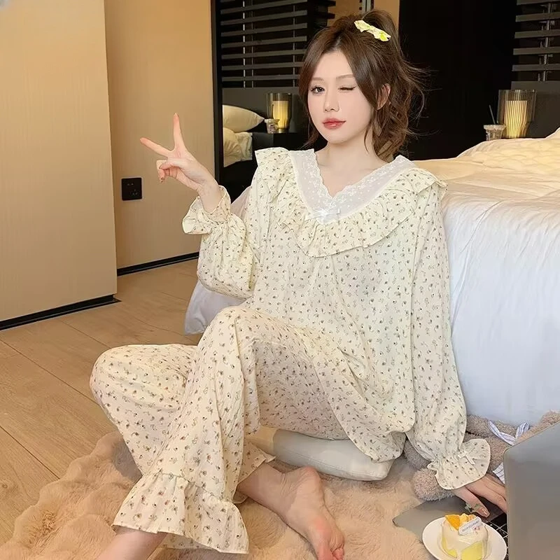 Sweet Women\'s Pajama Set Spring Autumn Pullover Long Sleeve Cute High-Grade Homewear Suit Female Loose Casual Thin Sleepwear