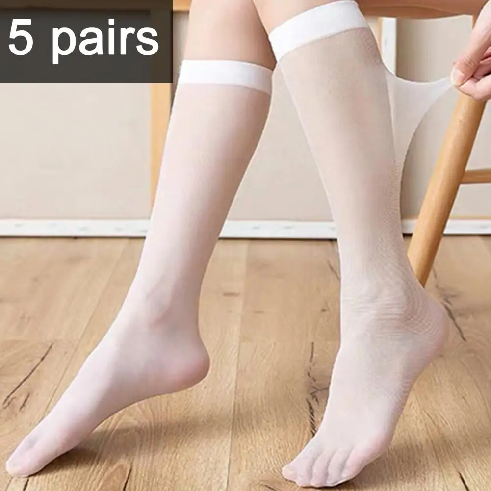 5 Pairs Women Stockings Ultra-thin See-through High Elasticity Women Hosiery Breathable Quick Dry Lady Calf Length Long Socks