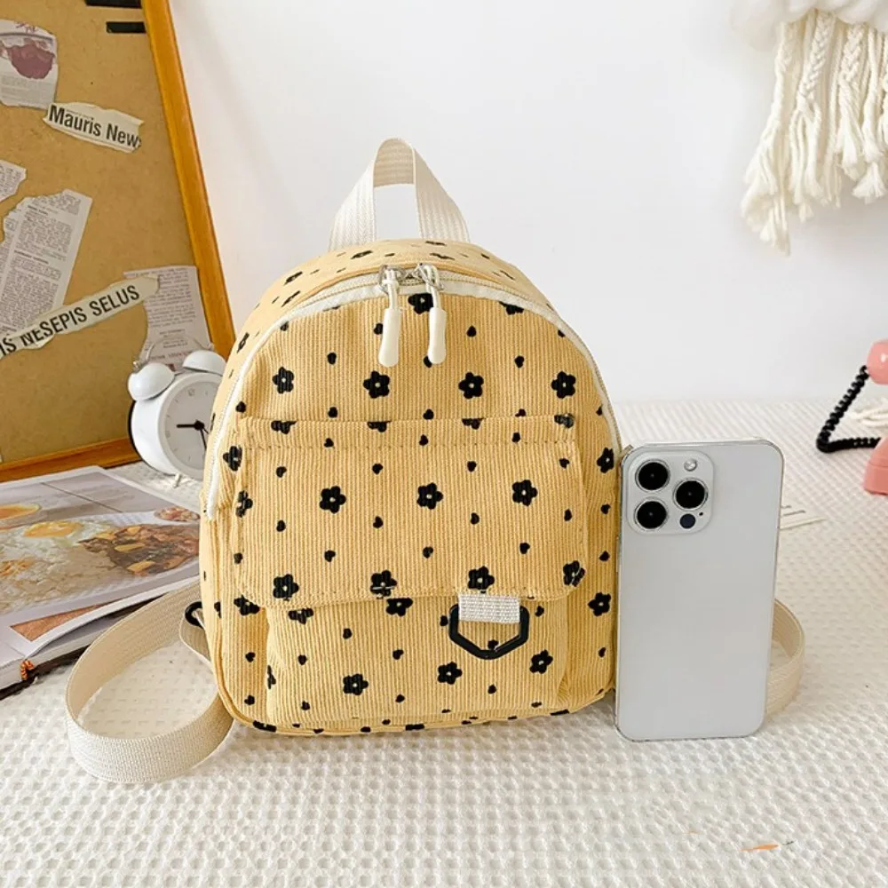 Cute Flower Print Small Backpacks Multiple Pocket Mini Women Shoulder Bag Lightweight Corduroy Mini Backpack Ladies