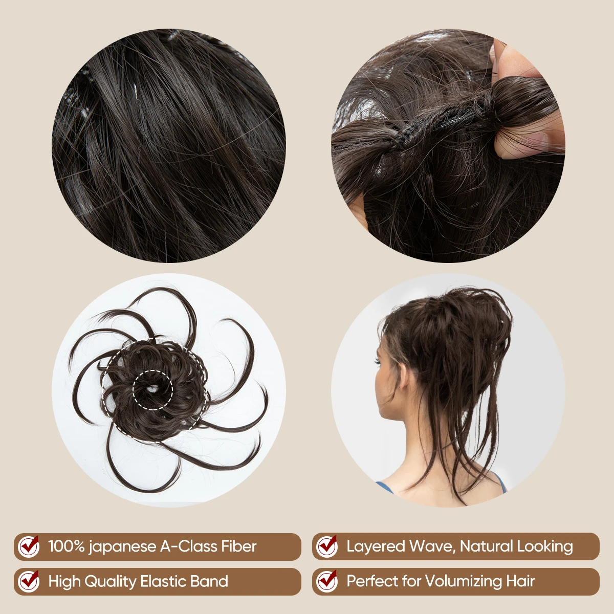 Hiasan rambut cepol berantakan ikal sintetis Premium, Scrunchie rambut palsu hitam coklat alami pita Chignon Updo donat rambut H16