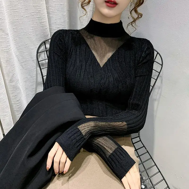 2023 Autumn/Winter New Half High Collar Long Sleeve Lace Bottom Sweater Slim Elasticity Bottoming Leisure Women\'s Knit Sweater