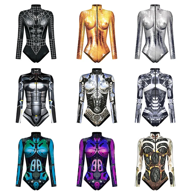 

New Superhero Jumpsuit Cosplay Costume Robot Armor Digital Print Women's Long Sleeve Zipper Bodysuit Halloween Party