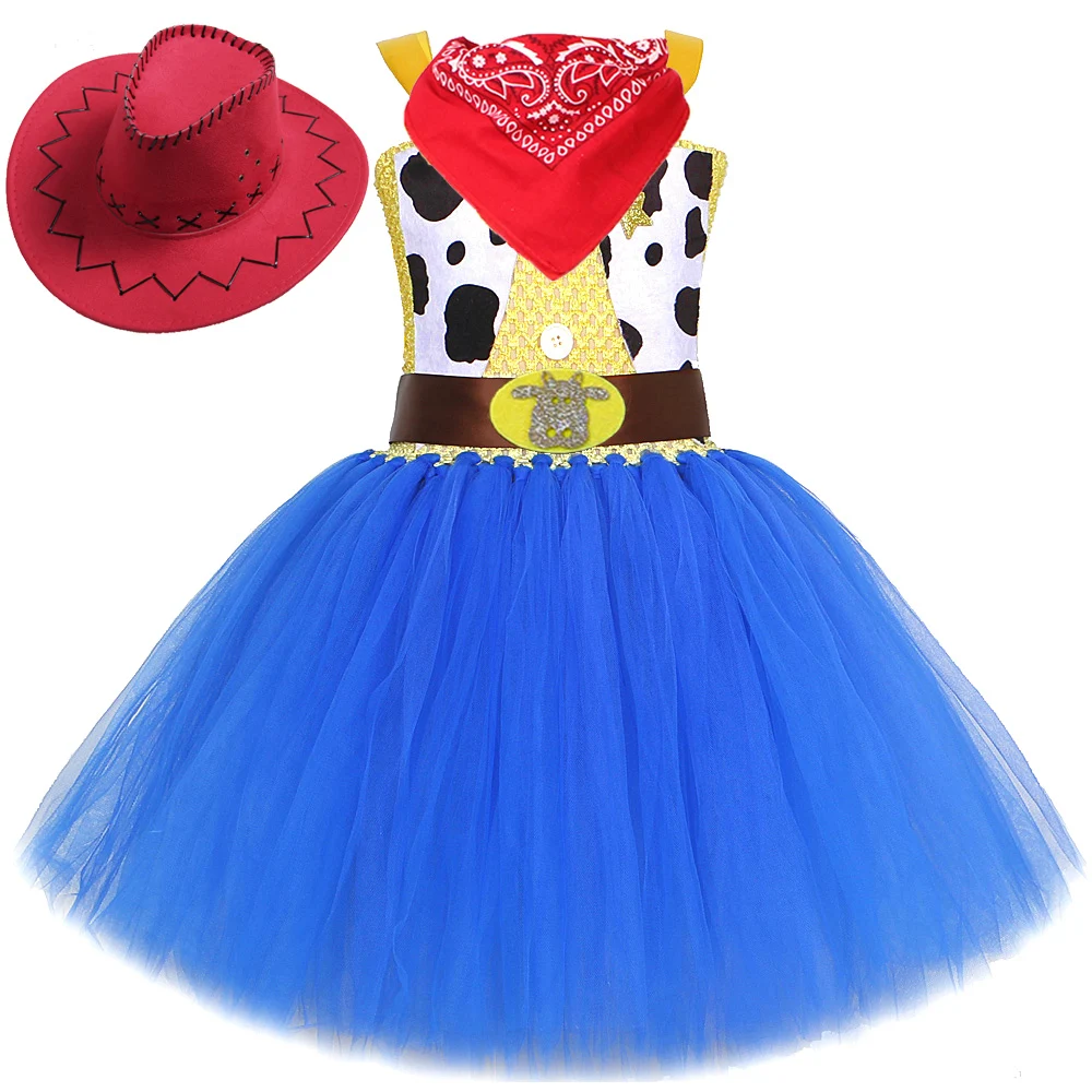 Cowgirl Toy Woody Dresses for Girls Jessie Cosplay Costumes Kids Christmas Halloween Outfits Fancy Tutus with Cowboy Hat Scarf