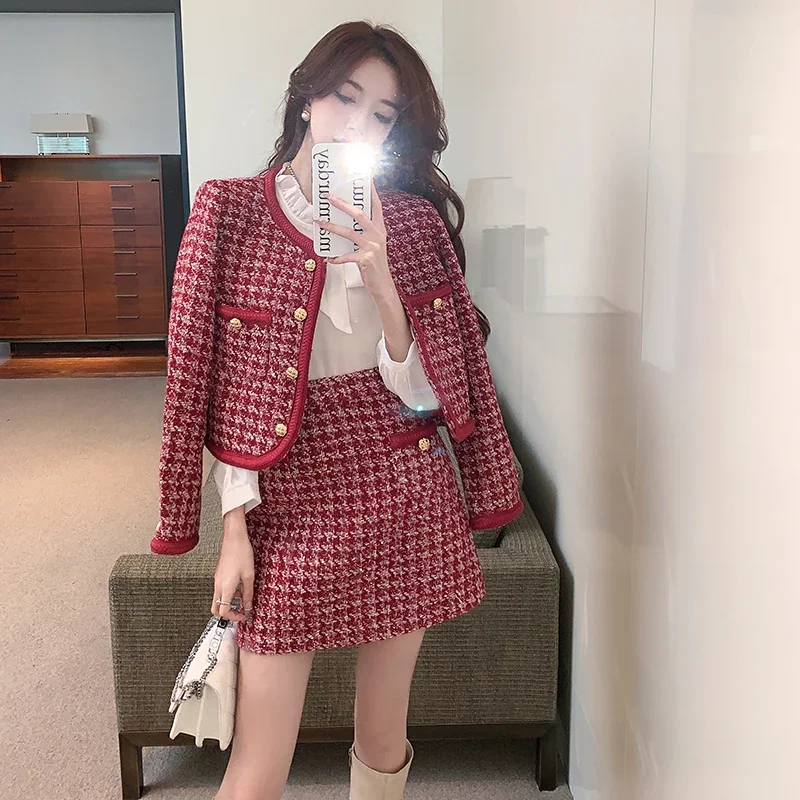 

French Socialite Tweed Houndstooth Short Jacket and Skirt Two-Piece Set for Women Female Office Lady for Autumn Winter Hot Sale