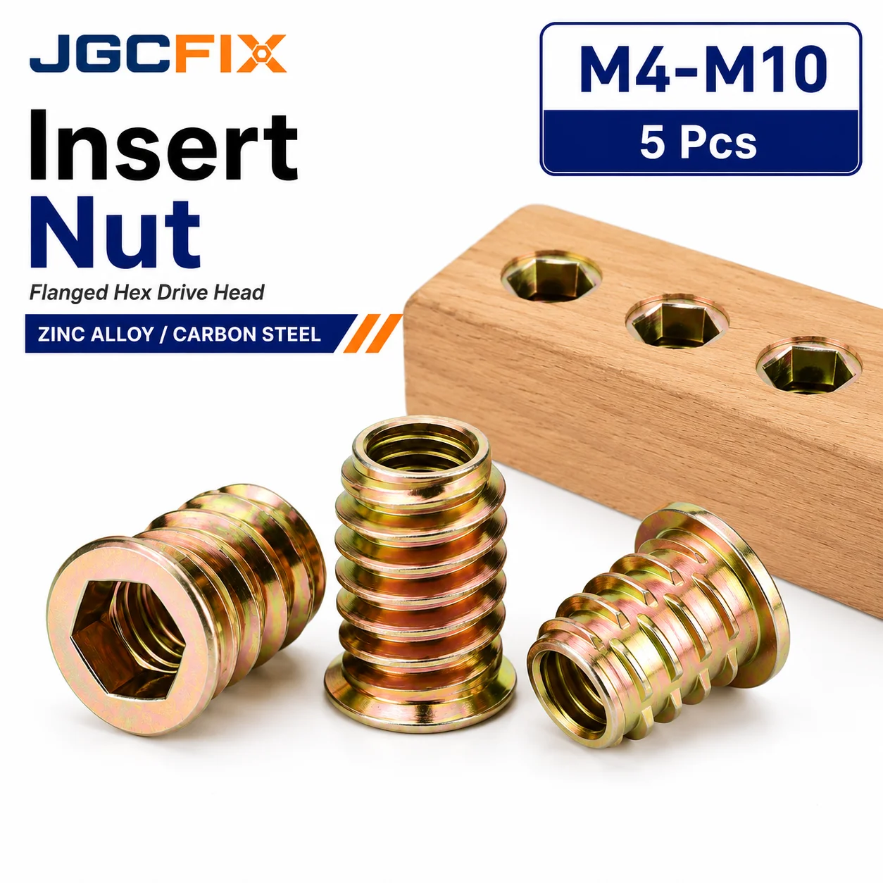5Pcs M4-M10 Flanged Hex Drive Insert Nut Zinc Alloy Carbon Steel Flat Head Threaded Wood Furniture Nut Hardware Fastener Kit Set