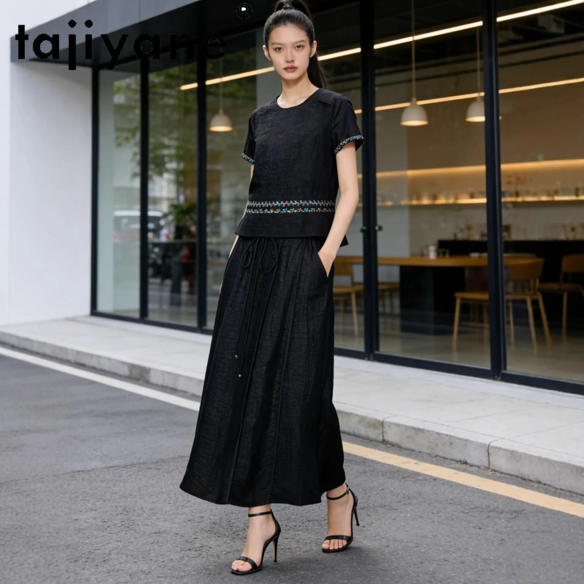 TAJIYANE 100% Real Mulberry Silk Women T Shirts Chinese Style O-Neck T Shirt Embroidered Trim Summer Tops Woman Clothes 2026 топ