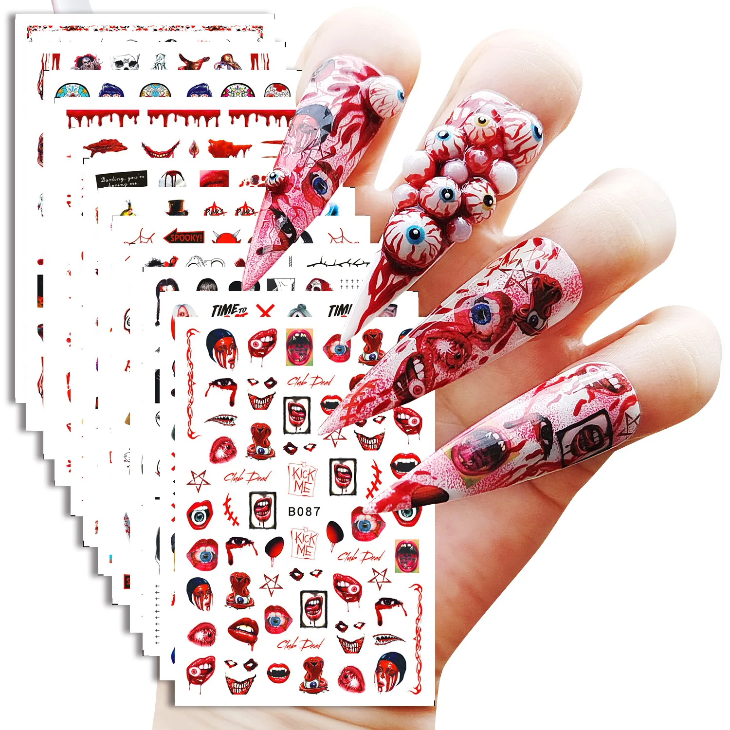 

12 Sheets Various Halloween Scary Elements Skull Head Blooding Lip Spider Adhesive Nail Art Stickers Decals Manicure Acessories