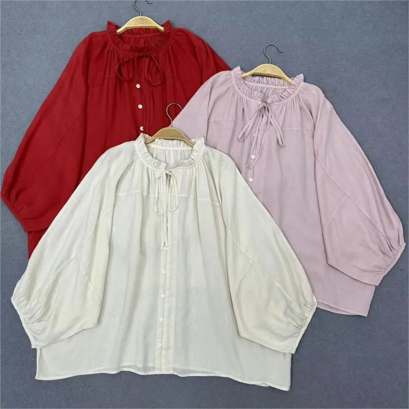 

Johnature Japanese Casual Loose Bat Shirts Solid Color Cotton Linen Shirts Summer 2024 Vintage Ruffles Collar Tie Tops Women