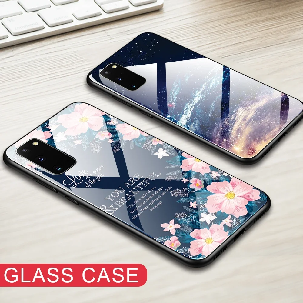 Tempered Glass Case for Samsung Galaxy S25 S24 S23 S22 Ultra Note 20 10 Plus A34 A55 A35 Flamingo Starry Sky Flowers Case Cover