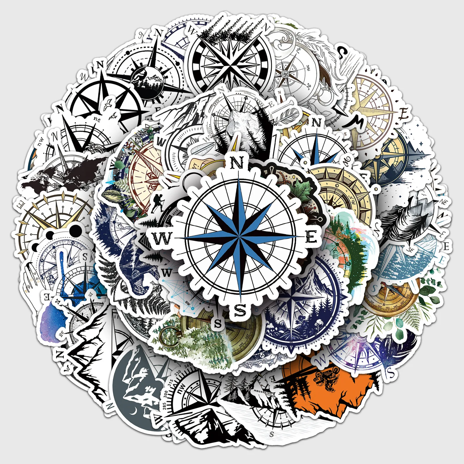 50PCS Adventure Vintage Compass Stickers Waterproof Travel Decals for DIY Scrapbooking and Laptop Decor