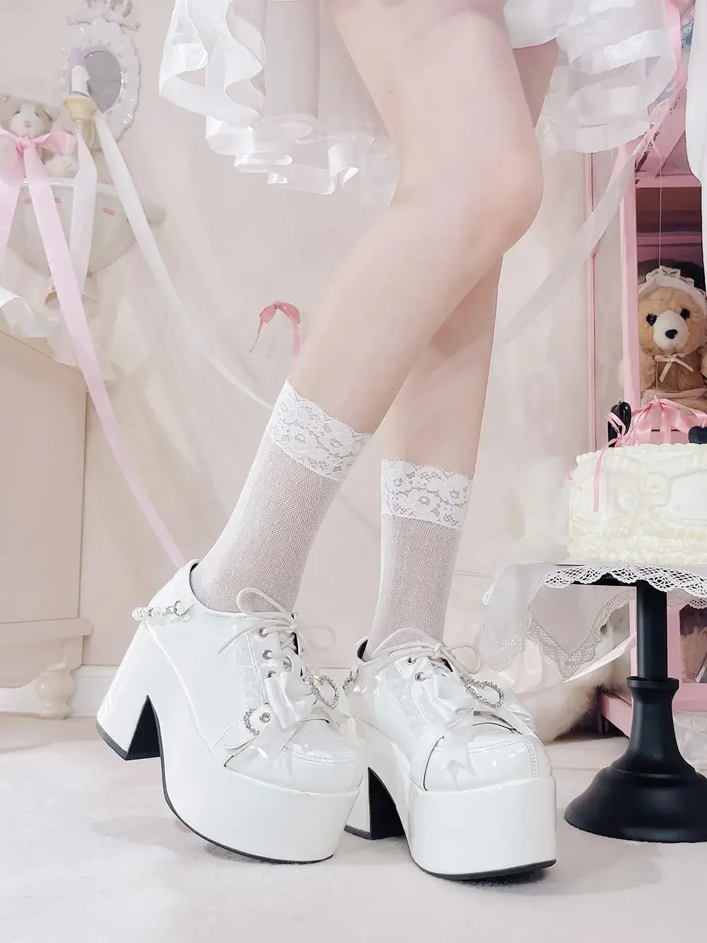 Japanese Mine Style Subculture Platform High Heels Round Toe Mary Jane Shoes Bow Pearl Chain Lace-up Sweet Lolita Shoes Women