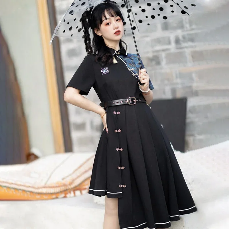 Chinese Style Han Element Hanfu Lolita Button Irregular Dress Gothic Black Lolita Short Long Sleeve Kawaii Daily Dresses