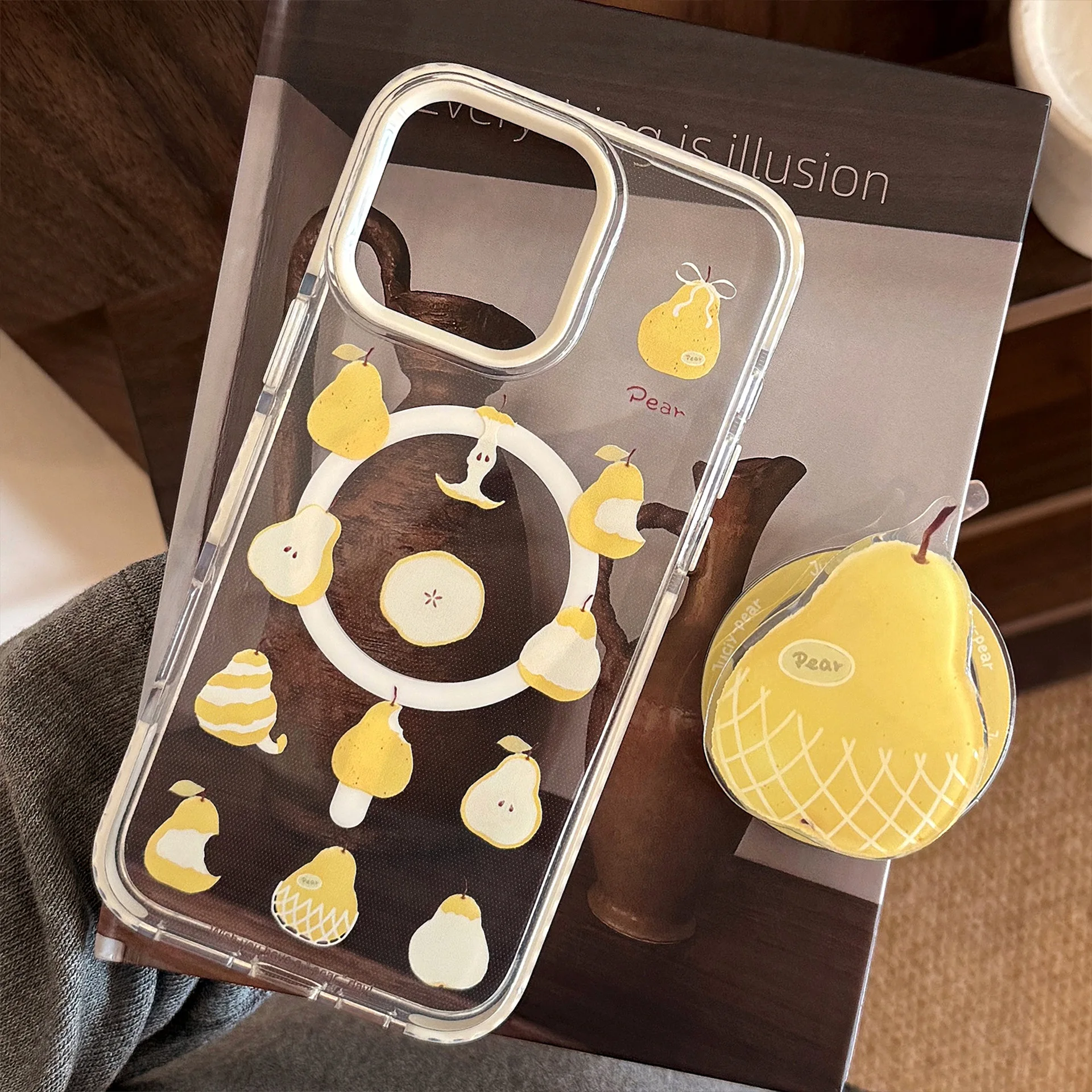 

Korean Cartoon Yellow Pear Magnetic Bracket Phone Case For iPhone 17 16 15 14 13 12 Pro Max Clear Shockproof Protective Cover