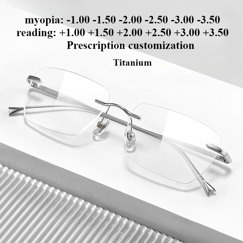 

56-16Ultra-light Pure Titanium Rimless Glasses Men Rectangular Myopia Prescription Single Custom Anti-blue Light Reading Eyewear