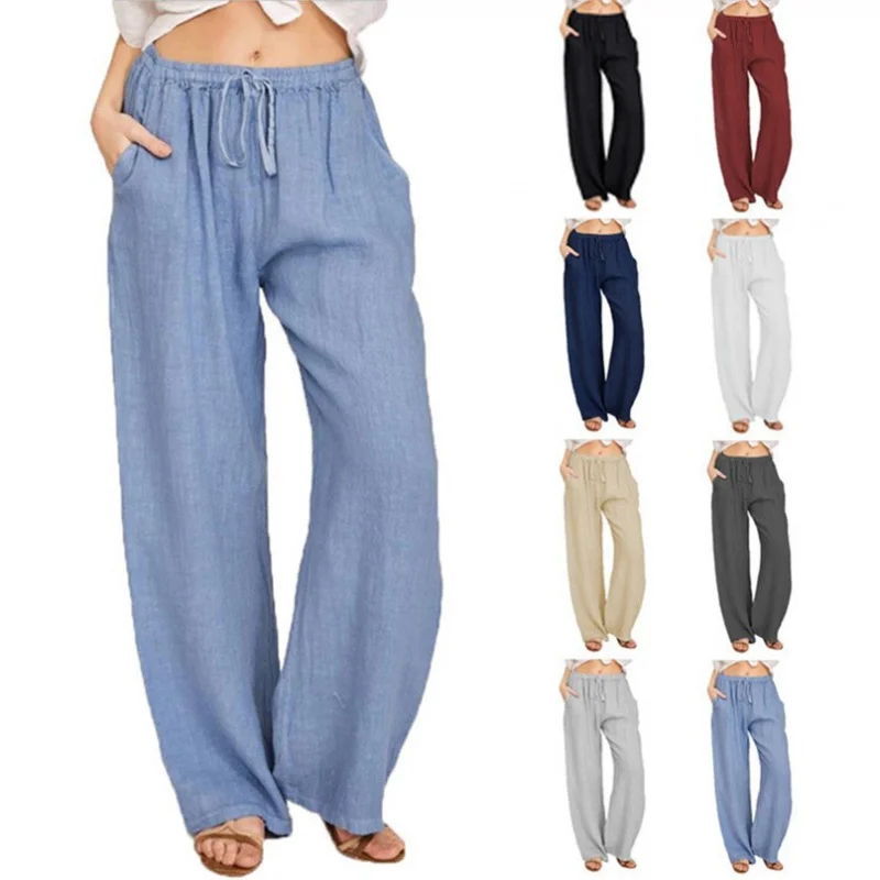 

Popular2025New European and American Style plus Size Women's Casual Trousers Solid Color Loose Cotton and Linen Lace-up Wide Leg