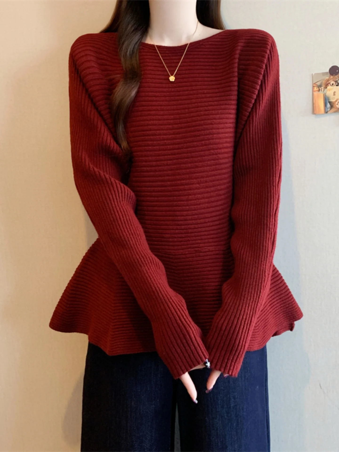 Red Knitted Sweater Women's Spring New Style plus Size Conceal Belly Casual Comfortable Mid-Length Knitwear Simple Design