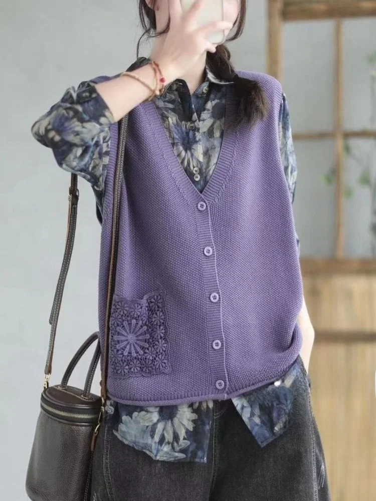 

Women's V-Neck Knitted Vest Loose Fit Cotton Thread Long Sleeve Fashionable Trendy Korean Style Commute Spring Autumn