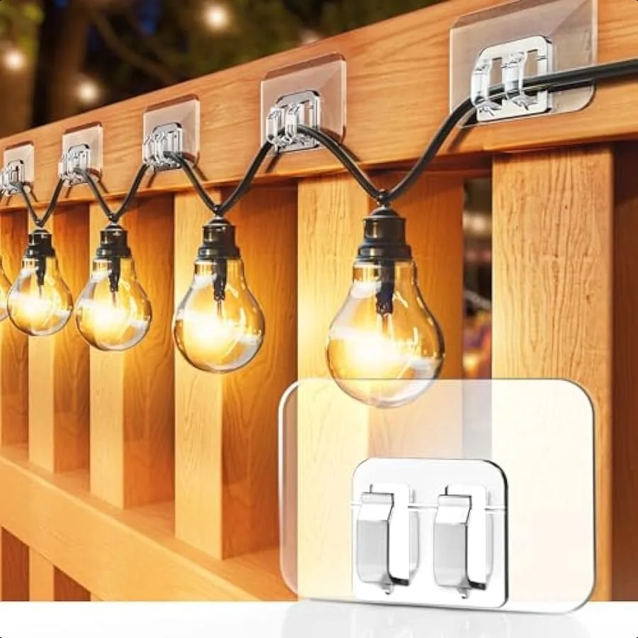 

Hooks for Outdoor String Lights 100 Pack with Adhesive Strips No Damage No Tools No Holes Waterproof and UVResistant Perfect fo