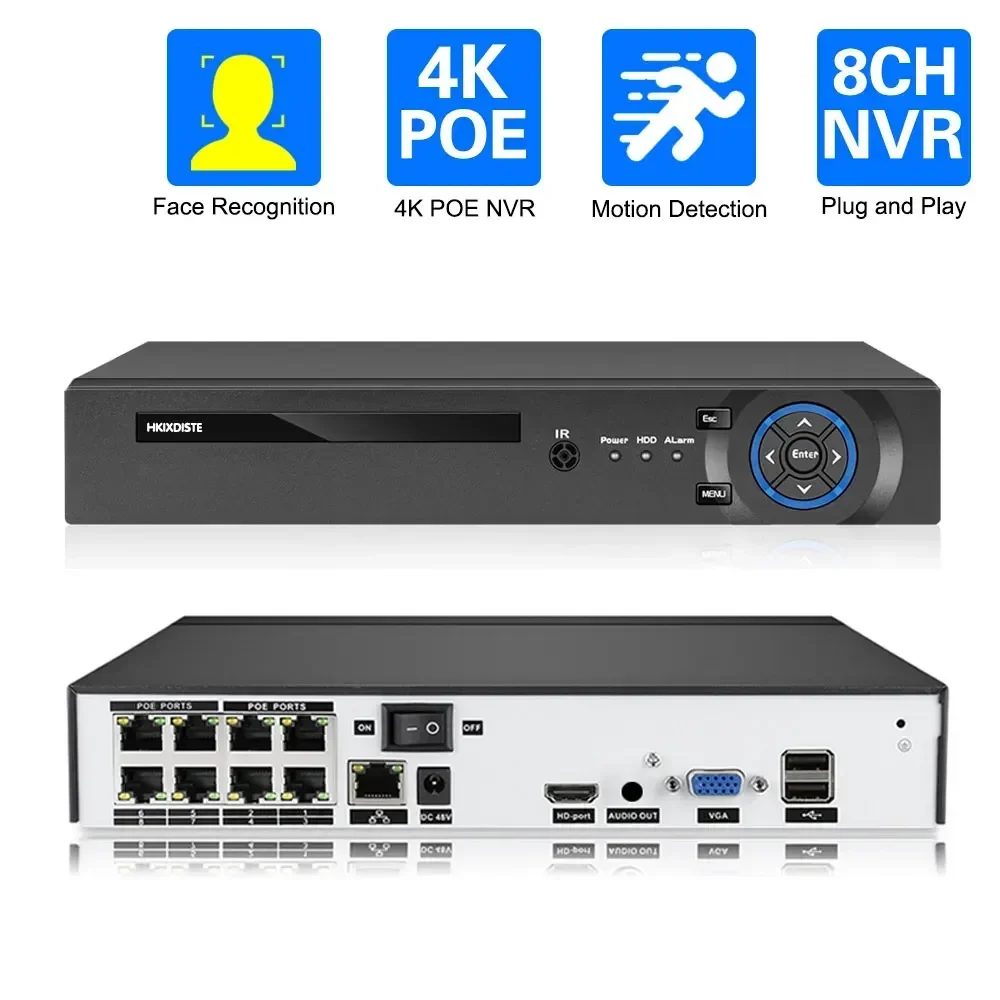 H.265+ HEVC POE NVR 4K Output 8CH Security Video Recorder Onvif Rtsp Linux Face Detect Xmeye CCTV Security System Plug And Play