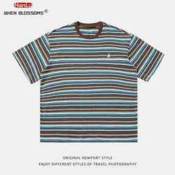 HANLU Retro Contrast Color Stripe Short Sleeve T-Shirt Unisex Summer New Style Embroidery Trendy Casual Couple Tees