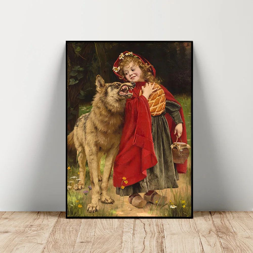 Gabriel Ferrier Print Art Poster Little Red Riding Hood Big Bad Wolf Canvas Painting Fairy Tale Wall Stickers Bedroom Home Decor