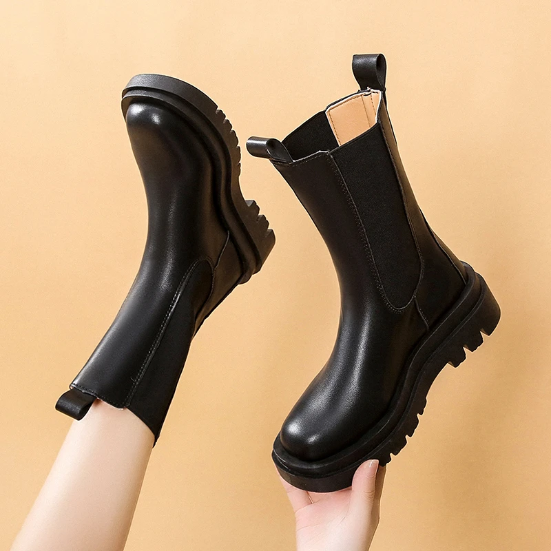 New Classics Chelsea Boots Women Black Ankle Boots Ankle Shoes High Genuine Leather Platform Short Boots Slip on Elastic Band