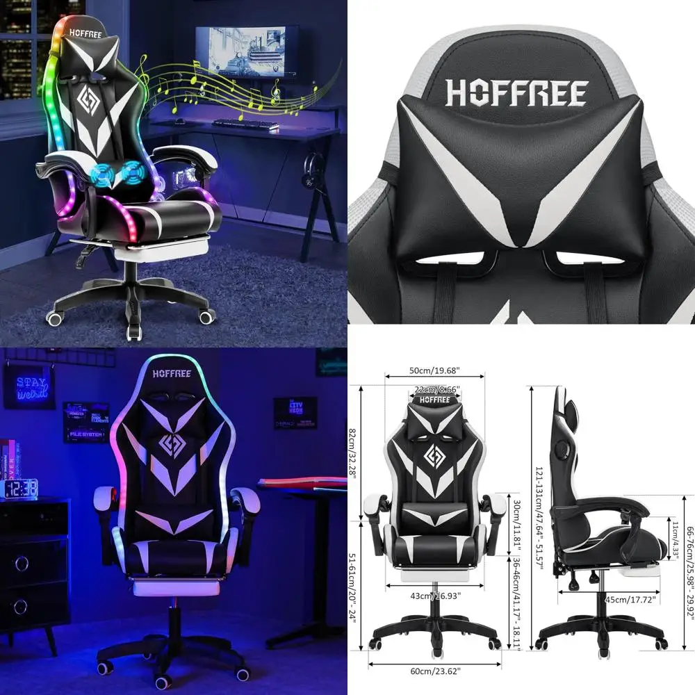 Ergonomic Gaming Chair with Massage, Bluetooth Speakers, LED Lights, and Footrest - Comfortable Computer Chair for Video Game En