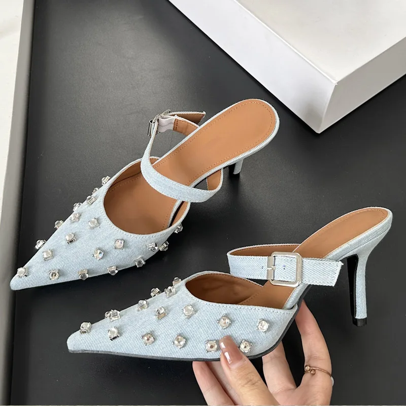 Eilyken Crystal Diamond Buckle Strap Pointed Toe Women Pumps Slippers Fashion Party Prom Thin High Heels  Shoes