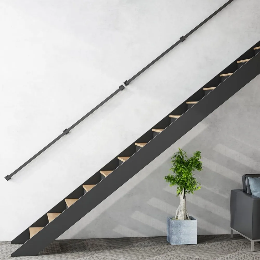 درابزين سلالم داخلية بطول 8 أقدام، درابزين حديدية سوداء للدرج، درابزين سلم مثبت على الحائط على الطراز الصناعي، تحميل 500 رطل Ca #2
