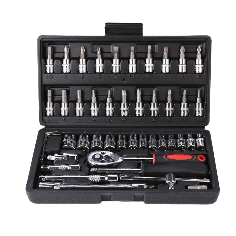 Conjunto de Chave de Soquete Doméstica 46 Peças Aço Cromo Vanádio Motocicleta Ferramenta de Reparo de Carro Catraca Torque Combinação Caixa de Ferramentas Mecânicas