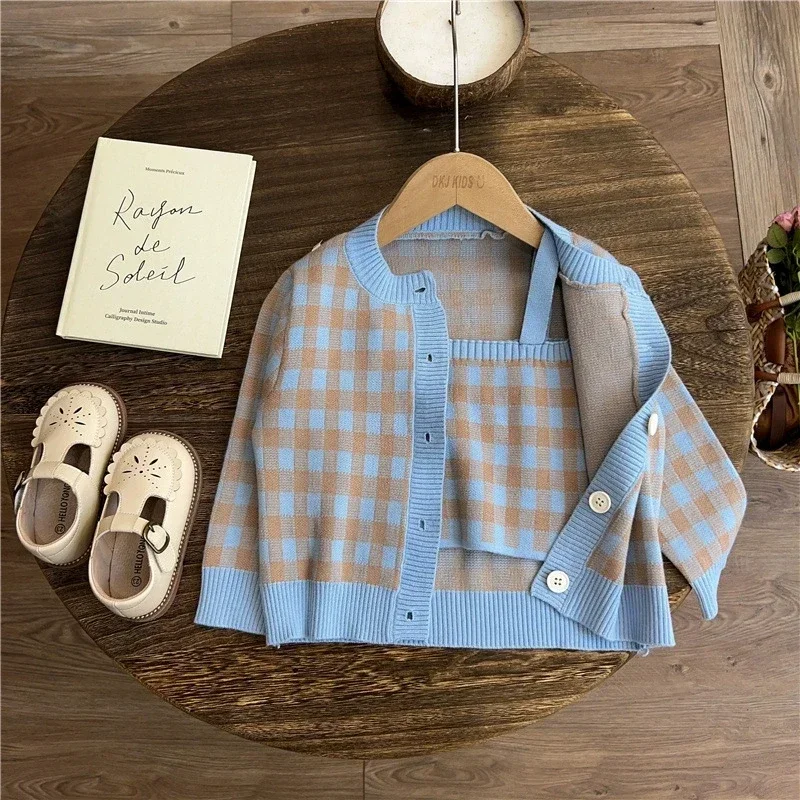 Sweaters Jackets+Vests+pants Kids Children Fashion Clothes 2025 Baby Girls Autumn Winter Clothing Set Knit 3pcs Plaid Suits