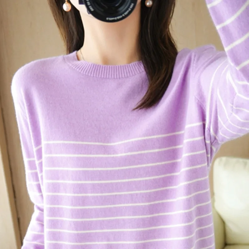 100% Cotton Knitted Sweater Women's Sweater Striped Color Matching Round Neck Large Size Loose Temperament Long Sleeve Bottoming